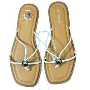 ANDIAMO Women White Thong Flat Sandals With Silver Ball Embellishment Size 8